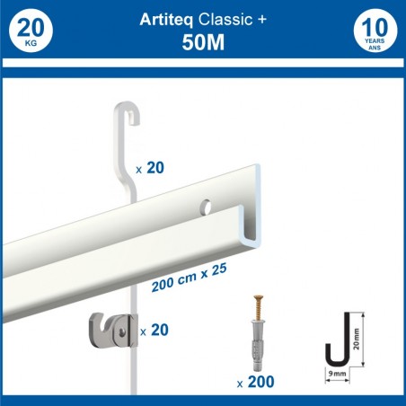 Pack 50 mètres cimaises Classic + Gallery couleur Blanc - Solution d'accrochage pour décoration murale lourde