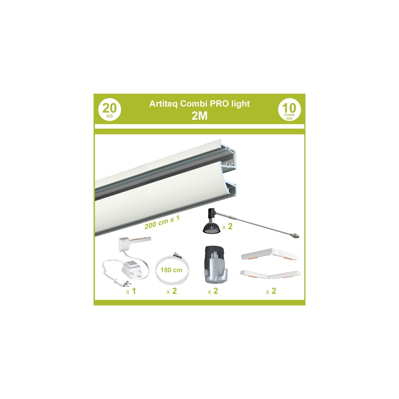 Pack complet 2 mètres cimaises murales Combi Pro Light + Armature 50 cm pour éclairage de tableaux