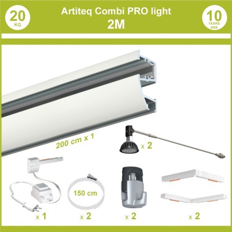 Pack complet 2 mètres cimaises murales Combi Pro Light + Armature 50 cm pour éclairage de tableaux