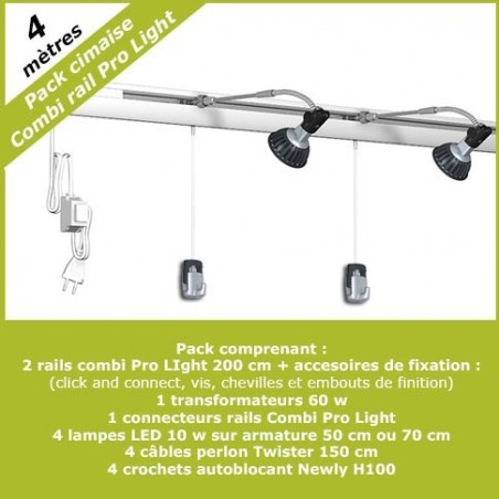 Pack complet 4 mètres cimaises murales Combi Pro Light + Armature 50 cm pour éclairage de tableaux