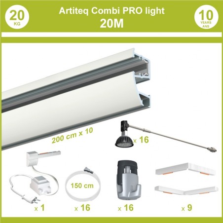 Pack complet 20 mètres cimaises murales Combi Pro Light + Armature 50 cm pour éclairage de tableaux