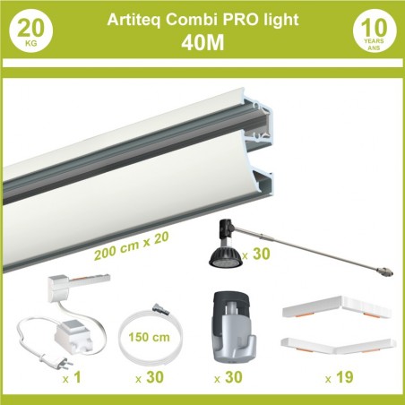 Pack complet 40 mètres cimaises murales Combi Pro Light + Armature 50 cm pour éclairage de tableaux