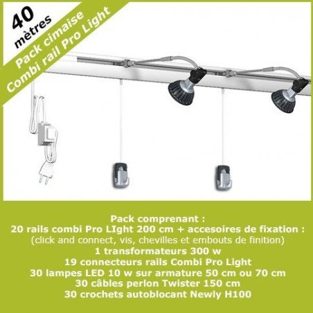 Pack complet 40 mètres cimaises murales Combi Pro Light + Armature 50 cm pour éclairage de tableaux