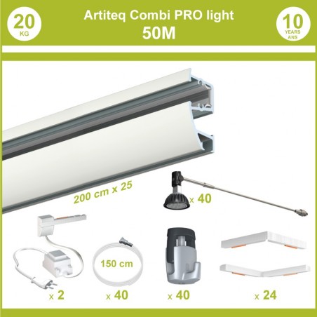 Pack complet 50 mètres cimaises murales Combi Pro Light + Armature 50 cm pour éclairage de tableaux