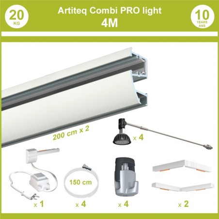 Pack complet 4 mètres cimaises murales Combi Pro Light + Armature 70 cm pour éclairage de tableaux