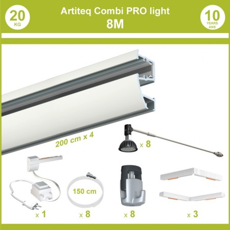 Pack complet 8 mètres cimaises murales Combi Pro Light + Armature 70 cm pour éclairage de tableaux