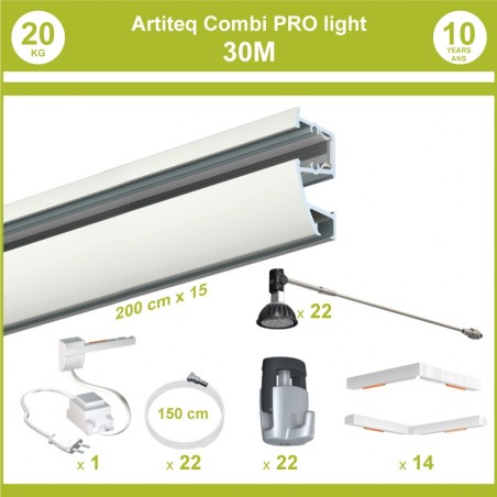 Pack complet 30 mètres cimaises murales Combi Pro Light + Armature 70 cm pour éclairage de tableaux