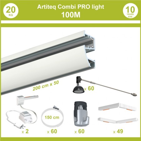 Pack complet 100 mètres cimaises murales Combi Pro Light + Armature 70 cm pour éclairage de tableaux