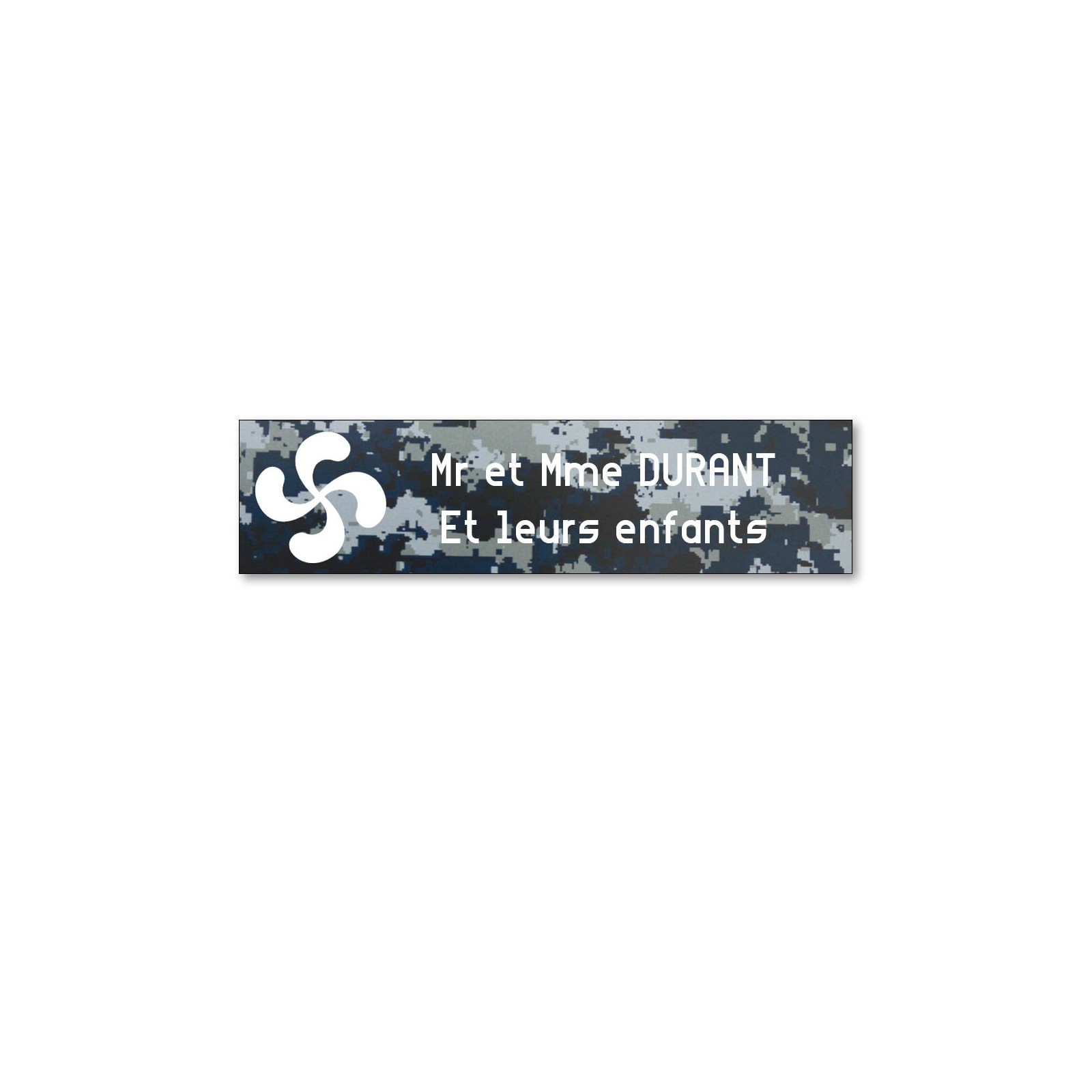 Plaque boite aux lettres format Decayeux CROIX BASQUE (100x25mm) Camo Bleu lettres blanches - 2 lignes