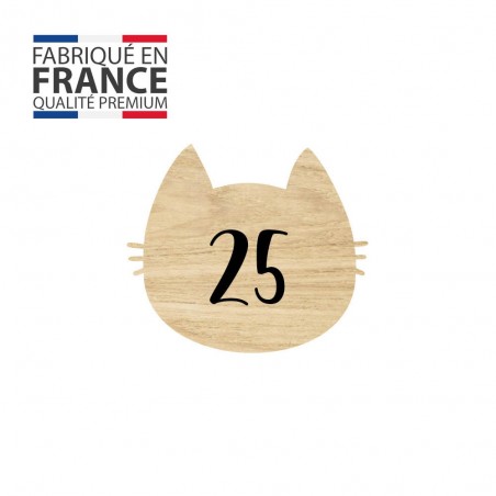 Numéro fantaisie personnalisable pour boite aux lettres couleur effet bois clair chiffres noirs - Modèle Chat