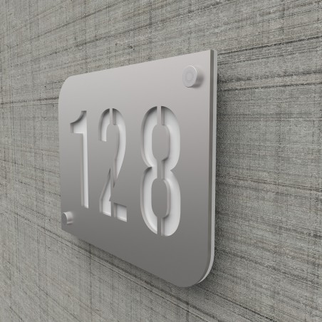 Shiny silver design street/house number plate with customizable background - URBAN model