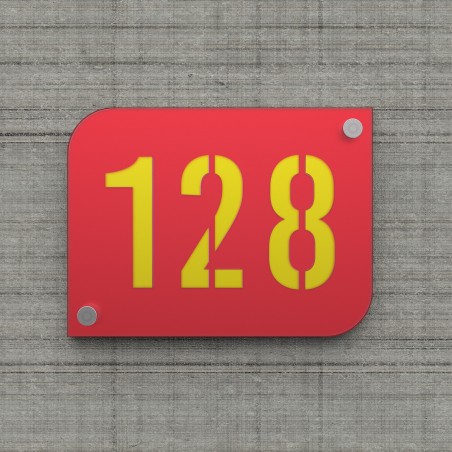 Designer red house/street number plaque with customizable background - URBAN model