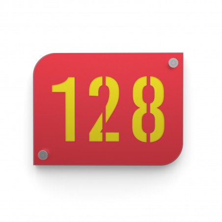 Designer red house/street number plaque with customizable background - URBAN model