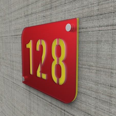 Designer red house/street number plaque with customizable background - URBAN model