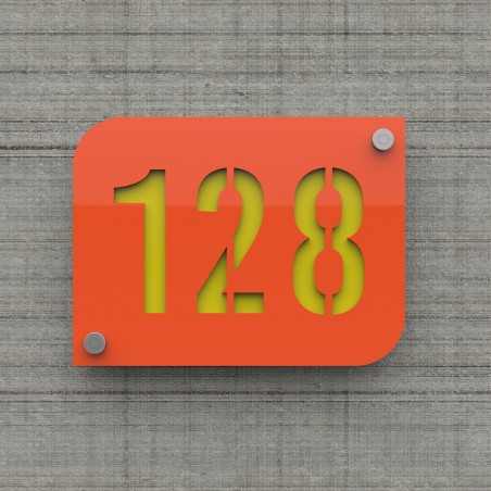 Plaque numéro de rue / maison orange design avec fond personnalisable - Modèle URBAN