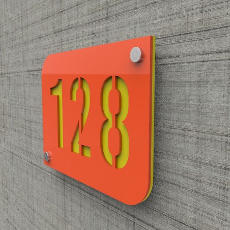 Designer orange street/house number plate with customizable background - URBAN model