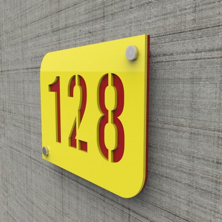 Designer yellow street/house number plate with customizable background - URBAN model