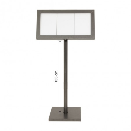 Porte-menu LED gris métallisé format 3 x A4 avec pied hauteur 135 cm - Présentoir menu hôtel restaurant