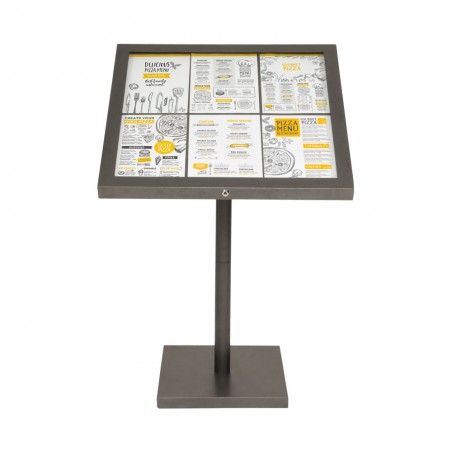 Porte-menu LED gris métallisé format 6 x A4 avec pied hauteur 95 cm - Présentoir menu hôtel restaurant