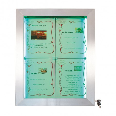 Porte-menu mural LED format 4 x A4 en Inox brossé