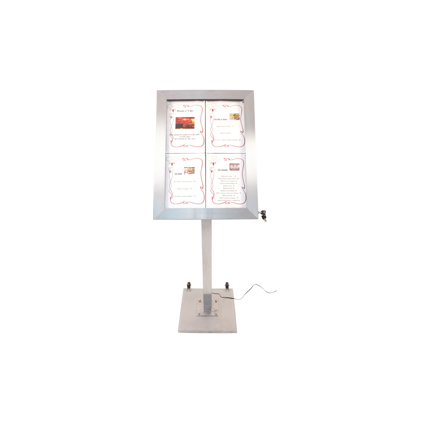 Porte-menu LED format 4 x A4 en Inox brossé avec pied (roulettes intégrées)