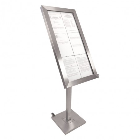 Porte-menu LED format 6 x A4 en Inox brossé avec pied (roulettes intégrées)