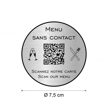 Menu sans contact personnalisé format rond QR Code - Présentation menu hôtel restaurant - Couleur argent brossé