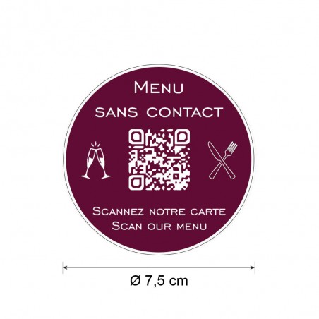 Menu sans contact personnalisé format rond QR Code - Présentation menu hôtel restaurant sans contact - Couleur bordeaux