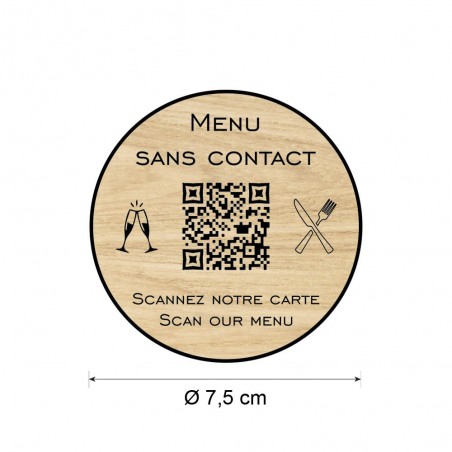 Menu sans contact personnalisé format rond QR Code - Présentation menu hôtel restaurant sans contact - Couleur effet bois clair