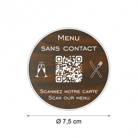 Menu sans contact personnalisé format rond QR Code - Présentation menu hôtel restaurant sans contact - Couleur effet bois foncé