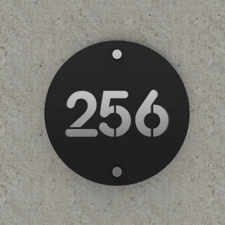 Matte black street/house number with customizable background - Round model - Round number diameter 20 cm