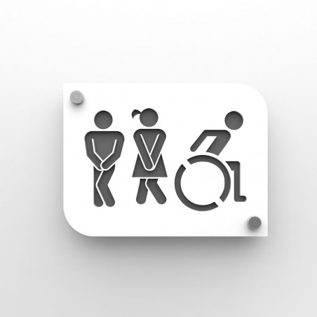 Plaque de porte design toilettes trio hommes / femmes / handicapés PMR - Pictogramme WC homme / femme / PMR