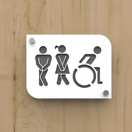 Plaque de porte design toilettes trio hommes / femmes / handicapés PMR - Pictogramme WC homme / femme / PMR