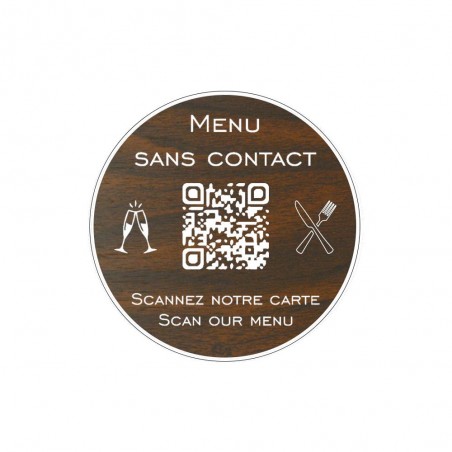 Menu sans contact personnalisé format rond QR Code - Présentation menu hôtel restaurant sans contact - Couleur effet bois foncé