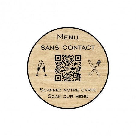 Menu sans contact personnalisé format rond QR Code - Présentation menu hôtel restaurant sans contact - Couleur effet bois clair