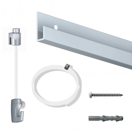 Pack complet 8 mètres cimaise Classic J couleur Aluminium - Suspension et déplacement facile de cadres et tableaux