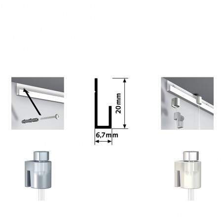 Pack complet 100 mètres cimaise Classic J couleur Aluminium - Suspension et déplacement facile de cadres et tableaux