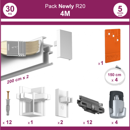 4 mètres Blanc mat : Pack complet cimaise Newly R20