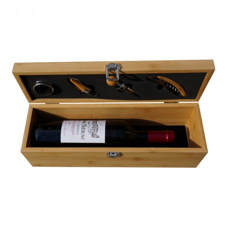 Personalized bamboo wine box with first name "LA CAVE A VIN DE" - Bamboo wine box with 4 serving pieces