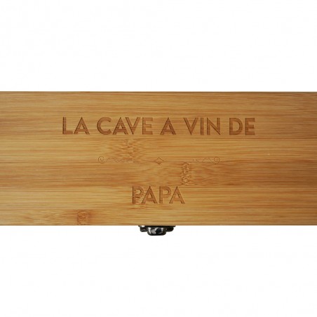 Personalized bamboo wine box with first name "LA CAVE A VIN DE" - Bamboo wine box with 4 serving pieces