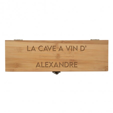 Personalized bamboo wine box with first name "LA CAVE A VIN DE" - Bamboo wine box with 4 serving pieces