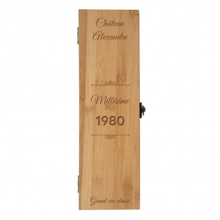 Personalized bamboo wine box with first name "Château, Millésime" - Bamboo wine box with 4 serving pieces