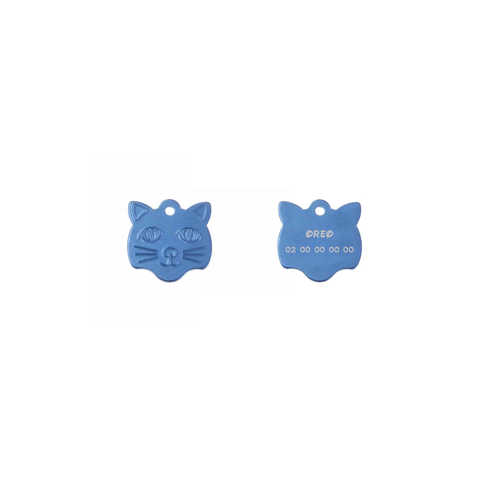 Pendant medal in the shape of a blue cat head, customizable on 1 to 2 lines (22 mm x 23 mm)