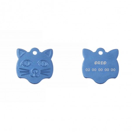 Pendant medal in the shape of a blue cat head, customizable on 1 to 2 lines (22 mm x 23 mm)