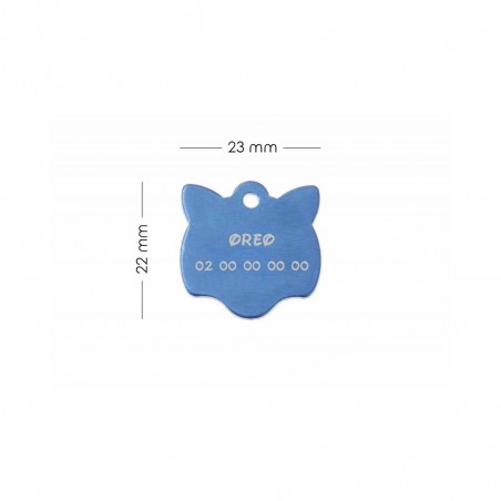 Pendant medal in the shape of a blue cat head, customizable on 1 to 2 lines (22 mm x 23 mm)