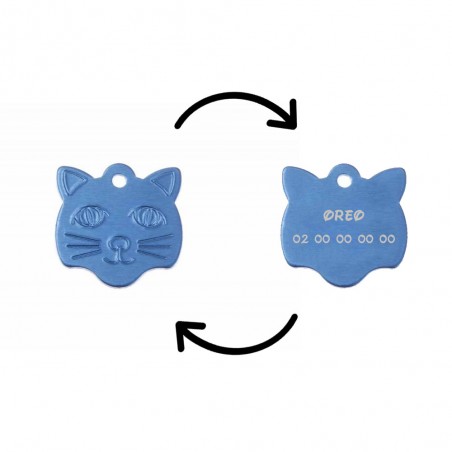 Pendant medal in the shape of a blue cat head, customizable on 1 to 2 lines (22 mm x 23 mm)