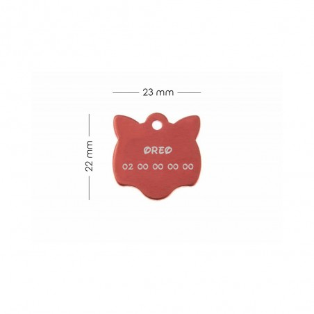 Médaille pendentif en forme de tête de chat couleur rouge personnalisable sur 1 à 2 lignes (22 mm x 23 mm)