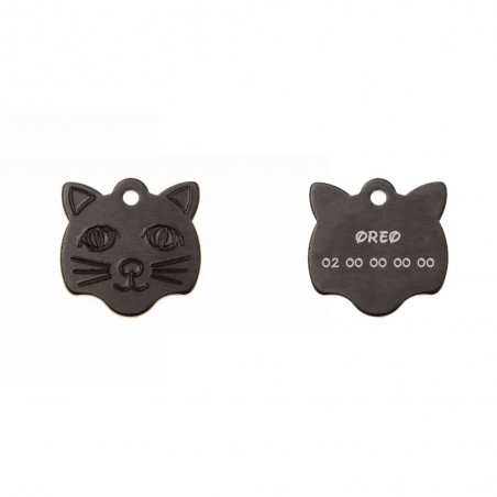 Pendant medal in the shape of a black cat head, customizable on 1 to 2 lines (22 mm x 23 mm)