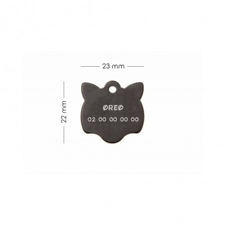 Pendant medal in the shape of a black cat head, customizable on 1 to 2 lines (22 mm x 23 mm)