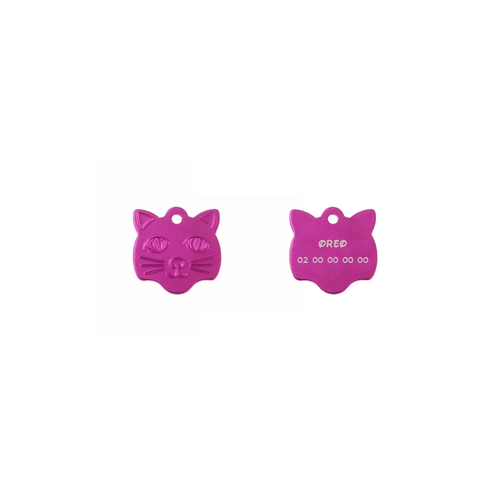 Pendant medal in the shape of a pink cat head, customizable on 1 to 2 lines (22 mm x 23 mm)